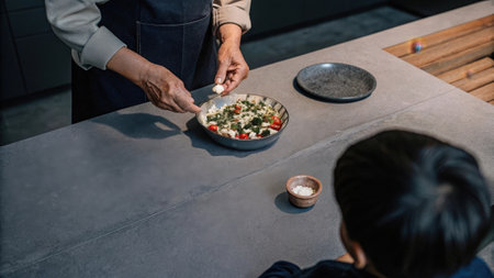 Chef preparing gourmet salad in modern kitchenの素材
