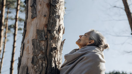 Senior woman breathing fresh air in a forest, connecting with natureの素材