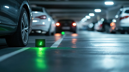 Smart parking system showing available parking space with green light in underground garageの素材