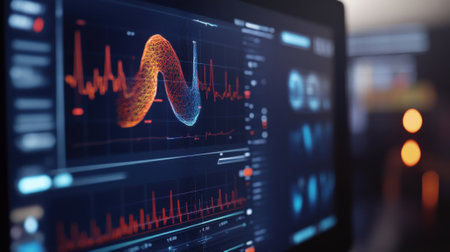 A closeup view of an interactive holographic monitor highlighting realtime data streaming from multiple sensors including oxygen saturation and respiratory rate presented in vibranの素材