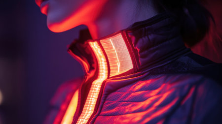 Closeup of a wearable patch p on the chest the holographic display illuminating health indicators like stress levels and sleep quality. Soft beams of light create a dynamic visual representatioの素材