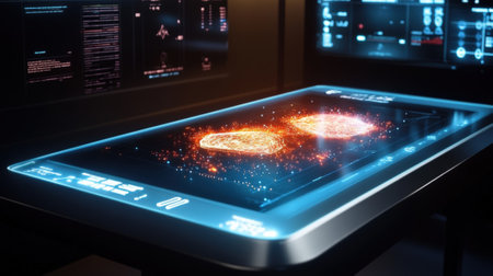 Futuristic interactive touchscreen displaying glowing brain scans in modern laboratoryの素材