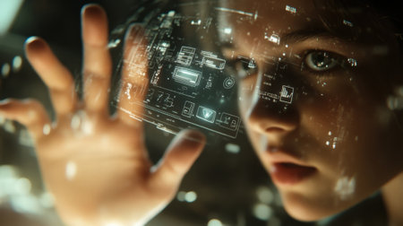 A closeup of a user interacting with a holographic interface where a translucent security alert hovers near their hand. The focus highlights the users concentrated expression as theの素材