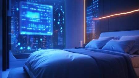 Futuristic smart home bedroom showing data on transparent displayの素材