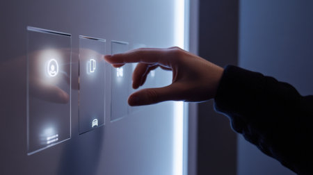 A closeup view reveals a user interacting with a holographic interface manipulating floating icons with gestures. The modules walls are adorned with touchsensitive panels that illuminatの素材