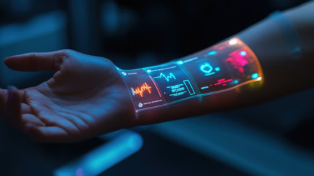 A users forearm bears a tingedge wearable patch projecting a holographic timeline that shows historical health data trends. The interface highlights significant changes and alerts representeの素材