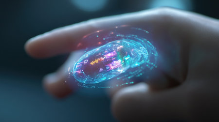 A multifunctional smart ring on a finger producing a holographic interface that displays a timeline of biometrics such as sleep patterns and activity levels. The 3D visuals swirl anの素材