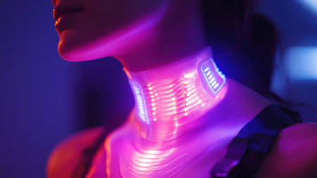 Woman wearing futuristic internet of things device around neckの素材