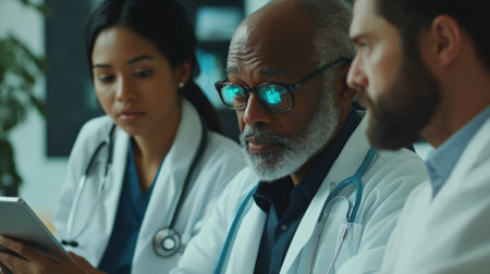 Medical team analyzing data on tablet in hospital meeting roomの素材