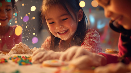 Happy children decorating christmas cookies at homeの素材