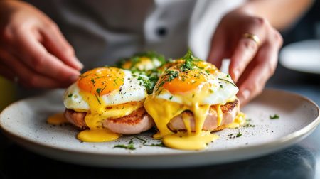 Chef garnishing eggs benedict with parsley and ground pepperの素材