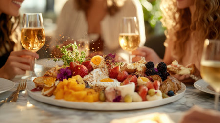 A group of friends leans in close over a marble table sharing a large shared plate of brunch items where a colorful fruit platter and artisanal bread create a visually appealing centerpiecの素材