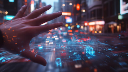 An operators hand gesturing towards a 3D holographic representation of a busy intersection with realtime statistics floating alongside. The atmosphere is filled with a sense of urgencの素材