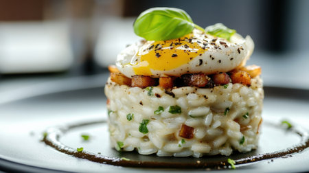 A circular tower of truffle risotto showcases a perfectly poached egg on top with shards of crispy pancetta and a sprinkle of black pepper all encircled by a ring of bright green basiの素材