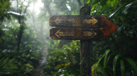 Wooden signpost showing two opposite directions in lush rainforestの素材