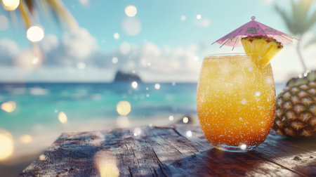 A closeup of a refreshing tropical drink adorned with a small umbrella and a slice of pineapple p on a rustic wooden table with the sparkling ocean and a bright blue sky blurred iの素材