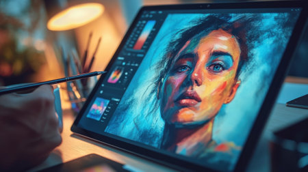 A shot of the artists workspace featuring various tools like a stylus reference images and a steaming cup of coffee as the digital tablet glows with a partially completed portrait thaの素材