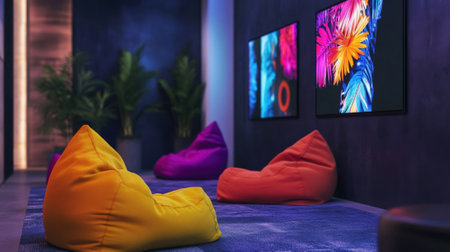 Colorful bean bag chairs in a modern lounge with vibrant artwork illuminating the spaceの素材
