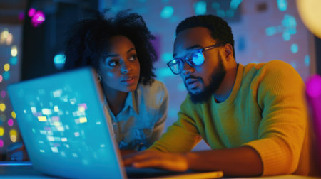 In a vibrant coworking space a business leader points towards an open laptop presenting an idea with palpable enthusiasm. The young professional leans in displaying a mixture of intriguの素材