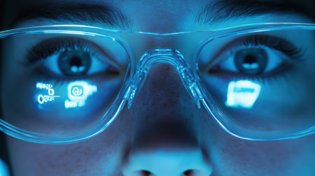 The face of a meeting participant lit by the glow of their augmented reality glasses showing an immersive interface where virtual icons and information float indicating a nextgeneratioの素材