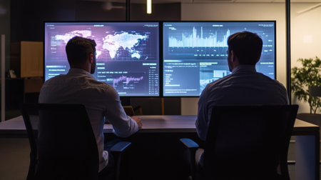 An intimate shot of a mentor and a trainee seated side by side both immersed in a holographic financial dashboard that shows comparative analyses of various investment portfolios showcasinの素材