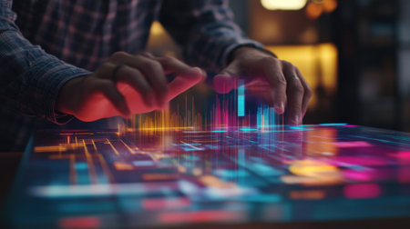 A focused individual manipulating a threedimensional holographic chart with gesture controls showcasing project timelines and key performance indicators. The closeup captures theiの素材