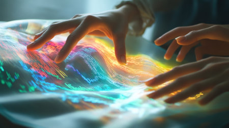 Businesswoman working with futuristic flexible transparent display in office meeting roomの素材