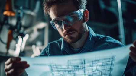 Industrial engineer wearing safety glasses examining blueprint in factoryの素材