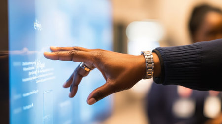 A closeup of an attendees hand reaching out to touch a floating holographic chart that represents community engagement statistics. The participants intrigued expression highlights thの素材