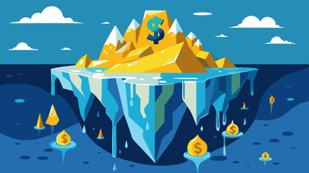 Melting Iceberg An illustration of a melting iceberg with dollar signs drifting in the water symbolizing the financial risks associated with climate change..の素材