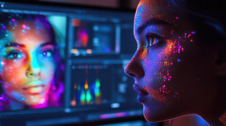 A close view captures the reflection of the photographer in the monitor glass their face illuminated by the vibrant colors of the edited images. The right monitor displays a timelinの素材