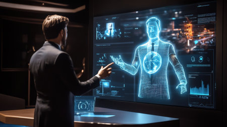 An inviting workspace where a marketing spet interacts with a lifesized holographic spokesperson utilizing gestures to toggle between different marketing scenarios and outcomes revealinの素材