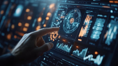 Businessman navigating futuristic interface with charts and graphsの素材