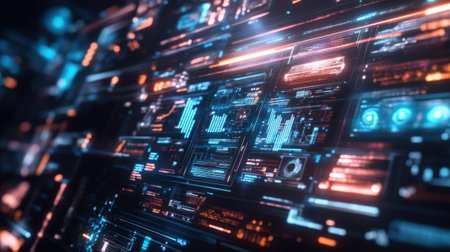 Futuristic server room showing interactive data analysis interface with charts and graphsの素材