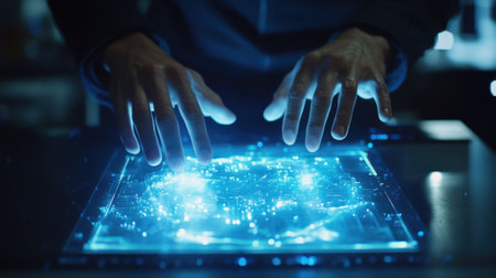 Software engineer working with futuristic interactive touchscreen interface in the darkの素材