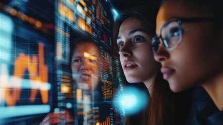 A medium closeup of a diverse group of professionals gathered around a holographic conference interface. Their faces show engagement and collaboration as they discuss project data displayeの素材