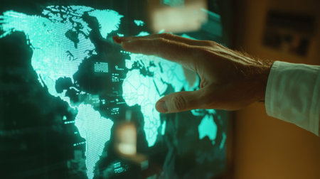 Businessman touching interactive digital world map displaying global business dataの素材