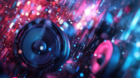Audio speaker emitting sound waves in a futuristic settingの素材
