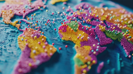 Colorful pins marking locations on a vibrant 3d world mapの素材