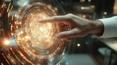A closeup of a businessman reaching out to manipulate a 3D holographic chart with his fingertip almost touching the swirling data points. The background showcases a modern office environmenの素材