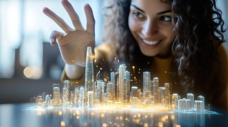 Architect interacting with futuristic hologram of smart city using augmented reality technologyの素材