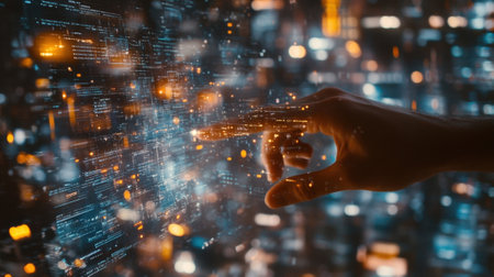 Programmer touching futuristic code interface on digital displayの素材