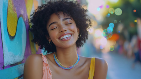 Young woman smiling with eyes closed by colorful graffiti wallの素材
