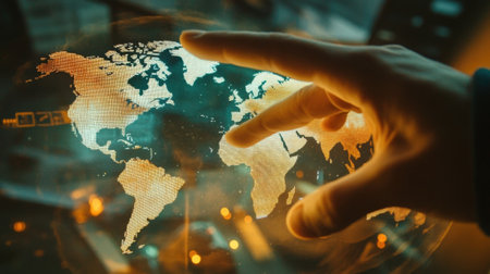 Businessman exploring holographic projection of world map for global business strategyの素材