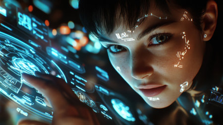 Woman working with futuristic interactive touchscreen interface in cyberpunk styleの素材