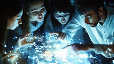 A collaborative team gathered around a floating holographic interface with data streams and process flows projected in midair. The participants engaged and animated point to specifiの素材