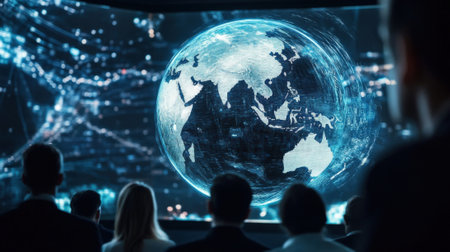 Business people watching hologram of planet earth rotating in futuristic officeの素材