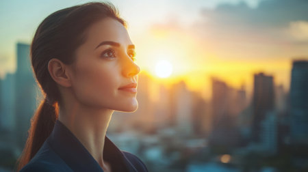 Businesswoman watching sunset over city skyline contemplating futureの素材