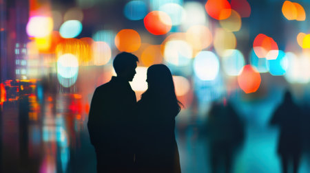Young couple silhouette sharing romantic moment in city lightsの素材