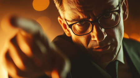 Serious businessman pointing finger accusingly under warm lightの素材